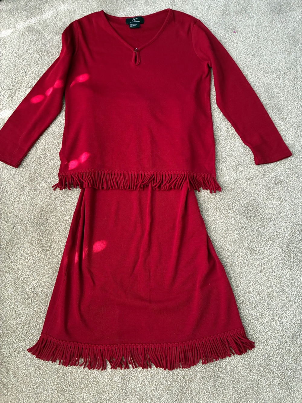 Nina Leonard Red Fringe Knit Top & Skirt Set